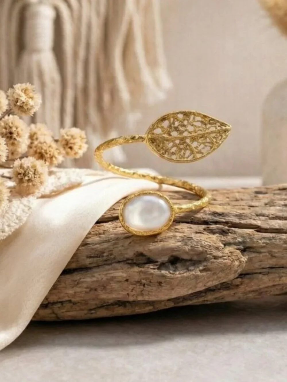 Turkish Filigree Leaf Wrap Ring Grand Bazaar 18K Gold Plated Pearl Adj 6-10